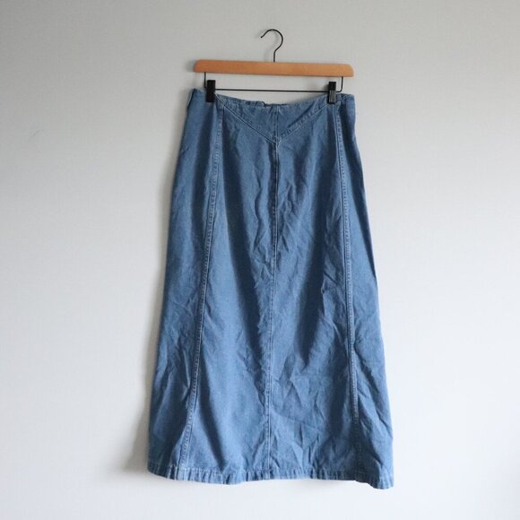 Women's Sz M Blue Denim Pull On A-Line Zipper Maxi Skirt - Picture 1 of 8